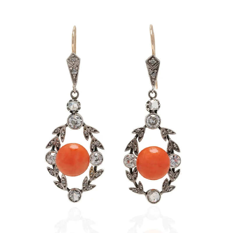 Custom Engraved Earrings-Victorian 14kt/Sterling Natural Coral + Diamond Foliate Dangle Earrings 2.75ctw