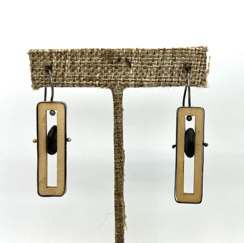 Gold-Plated Earrings-Wood Rectangle & Rock Earrings