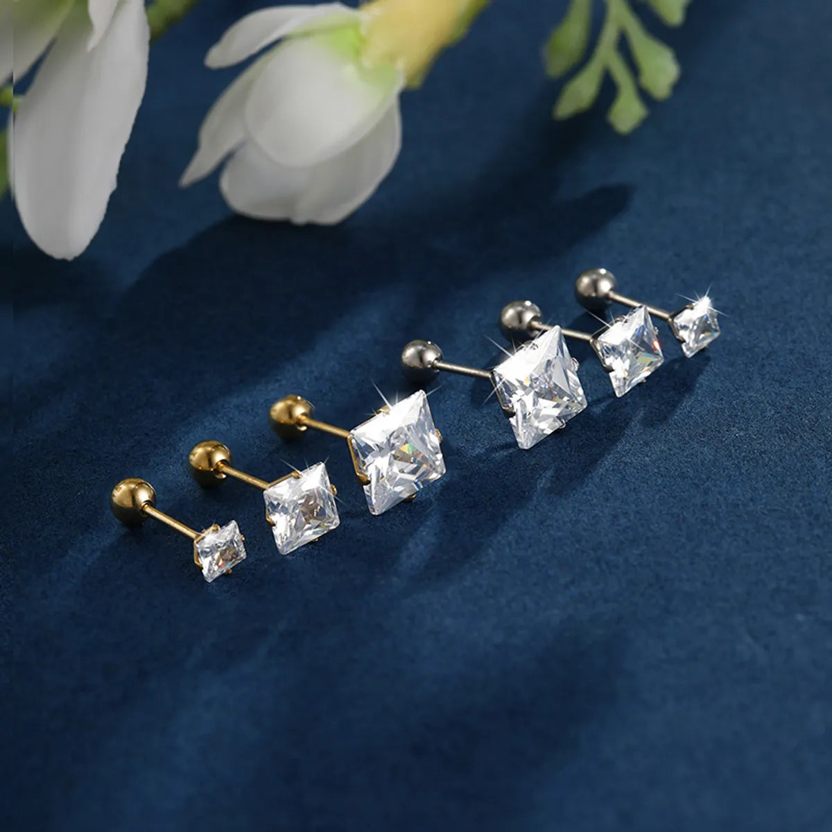 1 Pair XUPING Simple Style Square Inlay Stainless Steel Artificial Gemstones 14K Gold Plated Ear Studs