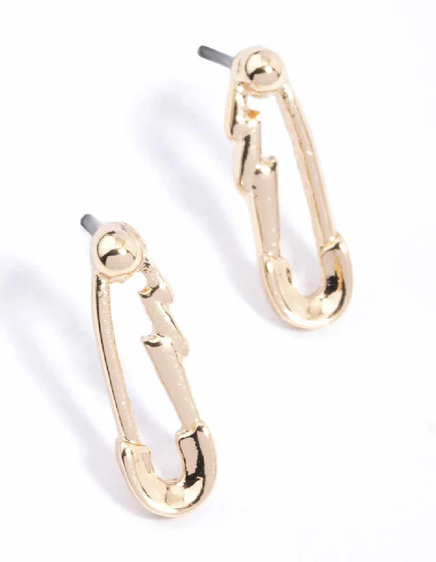 Party Earrings-Gold Zig Zag Safety Pin Stud Earrings