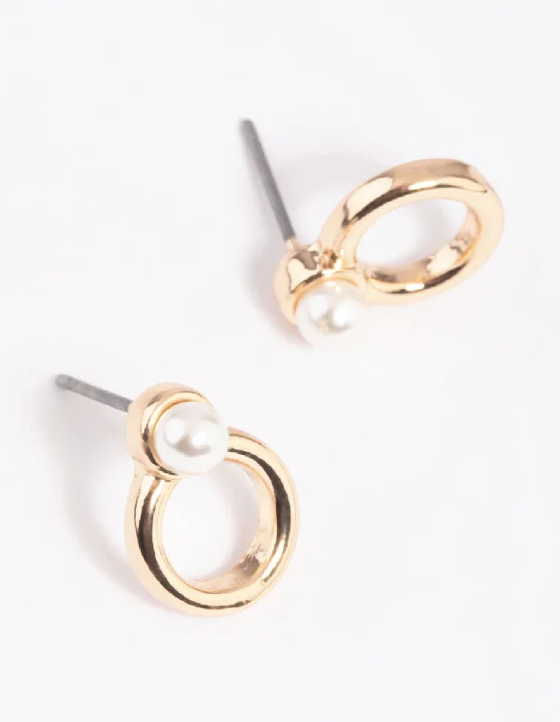 Diamond Stud Earrings-Gold Pearl Thick Circle Stud Earrings