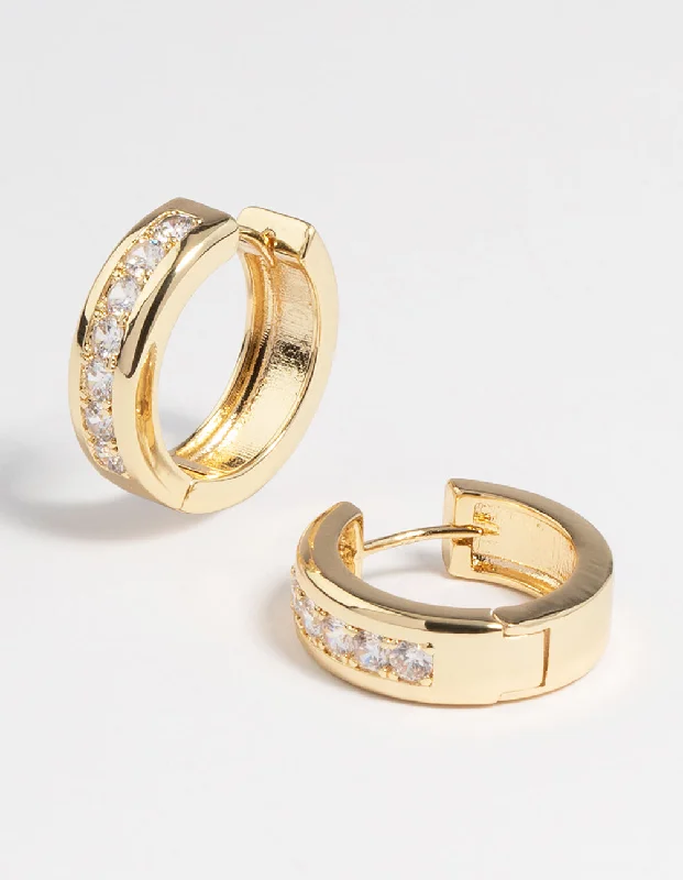 Simple Gold Earrings-Gold Plated Cubic Zirconia Encased Huggie Earrings