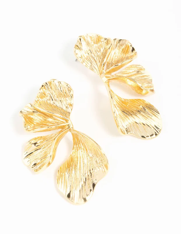 Dangling Gold Earrings-Gold Plated Organic Petal Stud Earrings