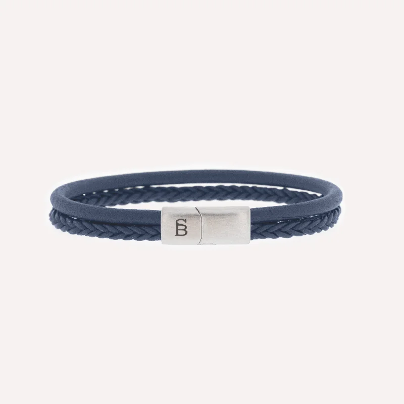 Personalized Leather Cuff Bracelet-Blue Silver Two-Band Leather Bracelet