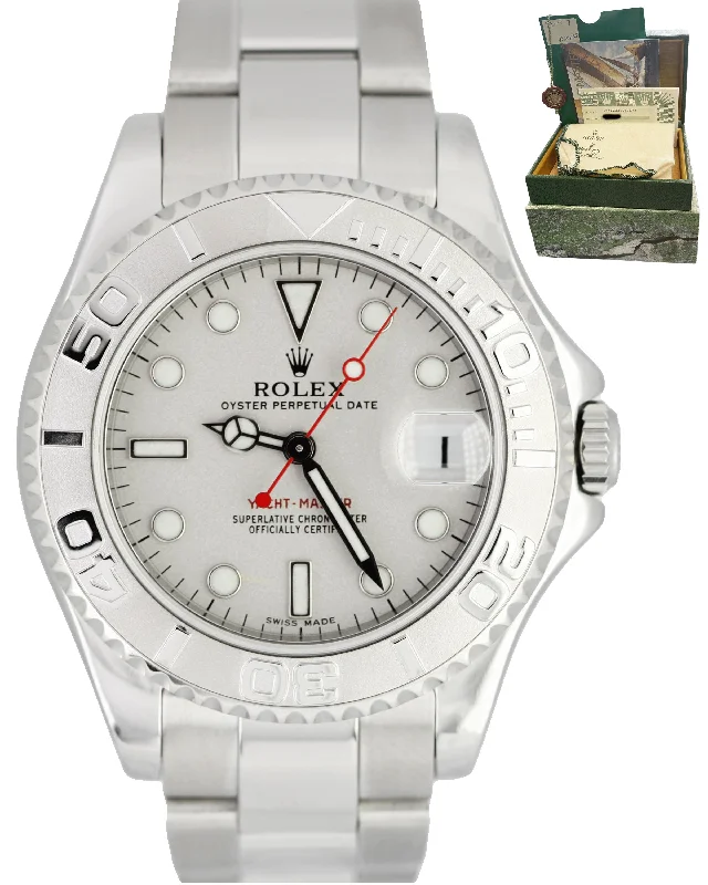 Custom Men's Chronograph Watch-Rolex Yacht-Master Mid-Size Platinum Stainless Steel 35mm 168622 Date Watch B&P