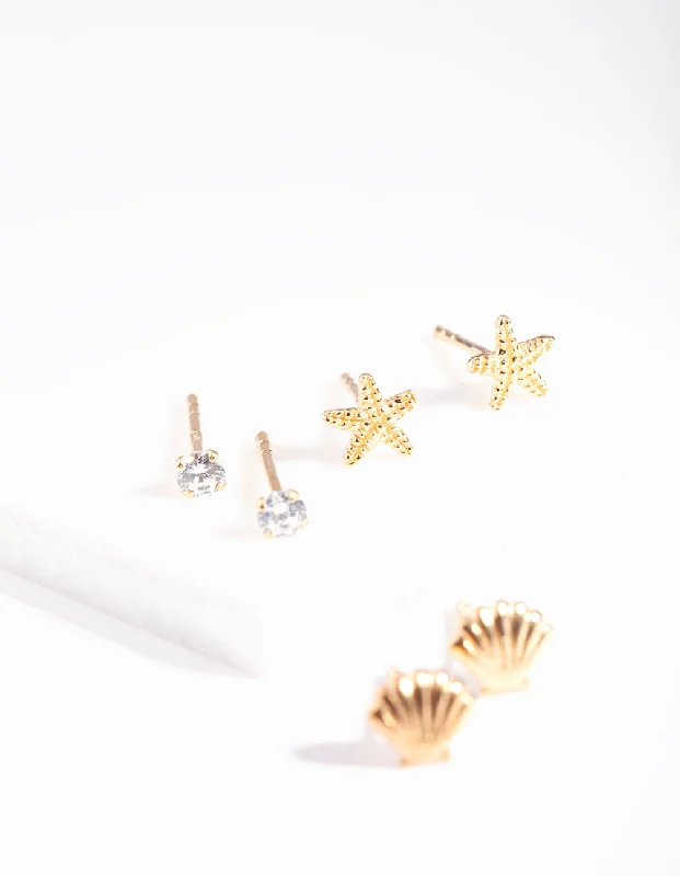 Stylish Drop Earrings-Gold Plated Sterling Silver Seaside Stud Earring Pack