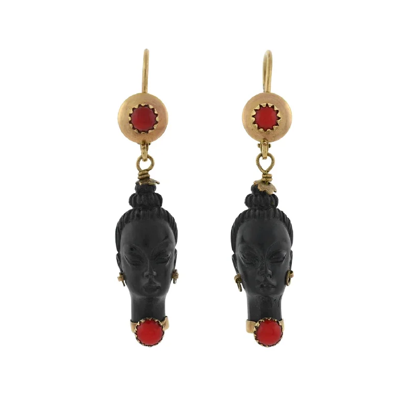 Sterling Silver Earrings-Vintage 10kt Faux Coral + Carved Wood Resin Blackamoor Earrings