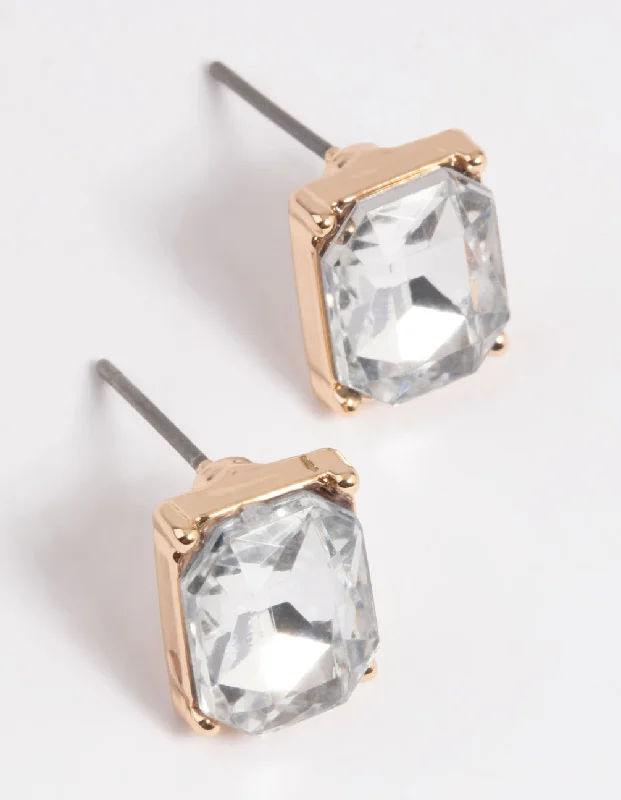 Classic Silver Earrings-Gold Diamante Square Stud Earrings