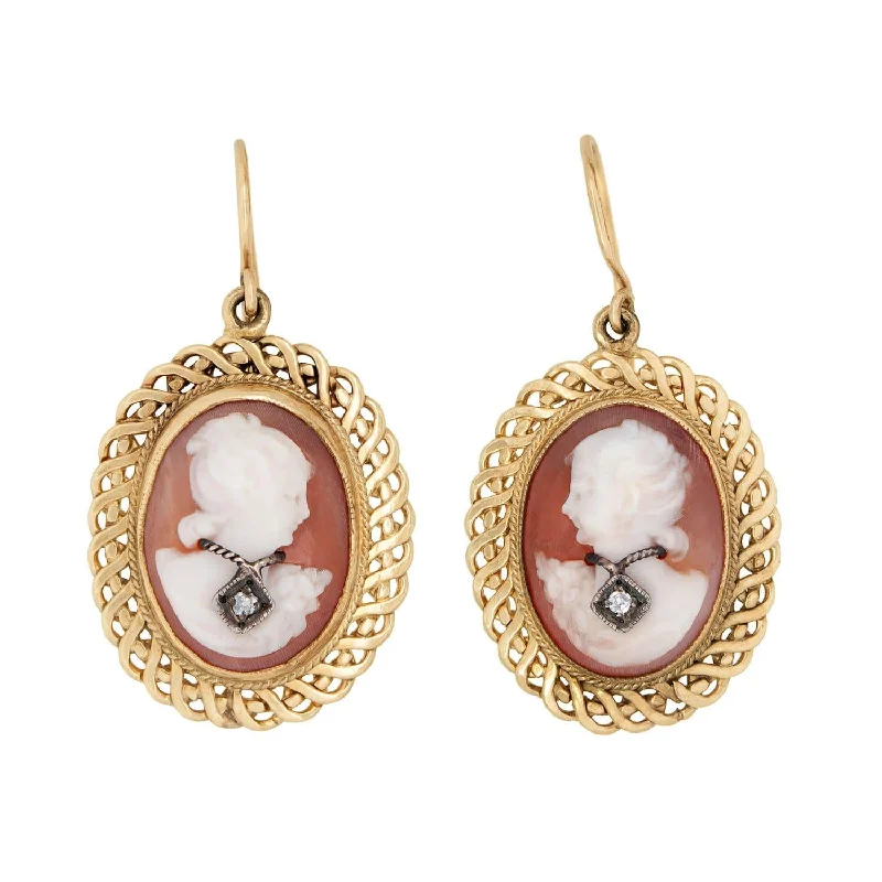 Double-Sided Earrings-Retro 14k Diamond Cameo Dangle Earrings