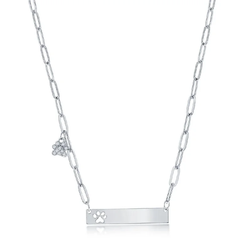 Elegant Silver Necklace-SS Bar with CZ Paw Print Paperclip Necklace