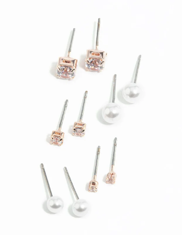 Elegant Stud Earrings-Rose Gold Diamante Stud Earring 5-Pack