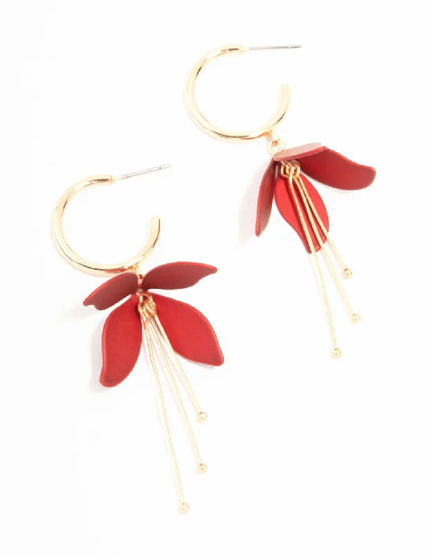 Sparkling Swarovski Earrings-Red Pearlised Flower Drop Earrings