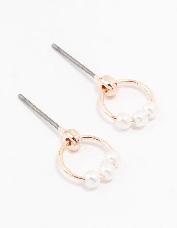 Unique Pearl Drop Earrings-Rose Gold 3 Pearl Circular Stud Earrings