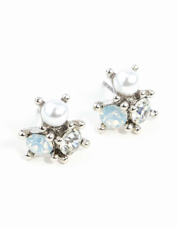 Classic Pearl Earrings-Silver Stone & Pearl Cluster Earrings