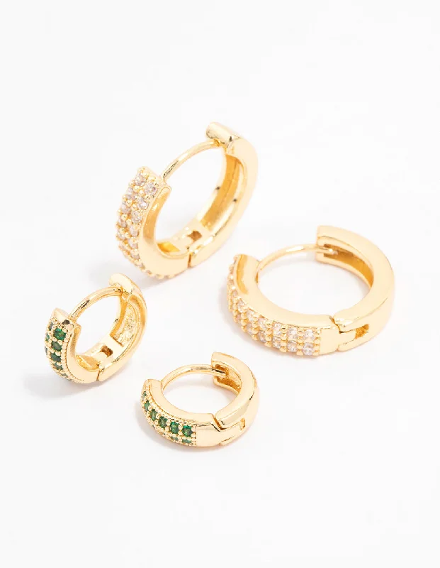 Simple Crystal Earrings-Gold Plated Cubic Zirconia Emerald Pave Hoop Earrings 2-Pack