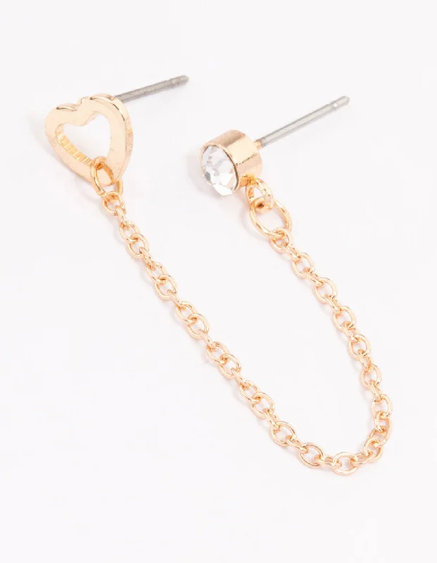 Cute Animal Earrings-Gold Diamante & Heart Chain Earrings