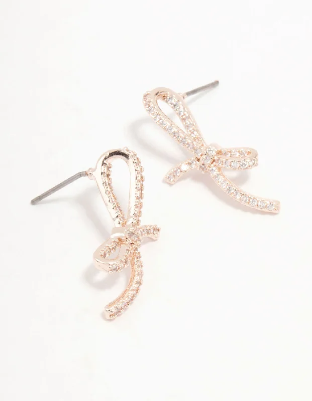 Double-Sided Earrings-Rose Gold Plated Pave Set Cubic Zirconia Skinny Bow Stud Earrings