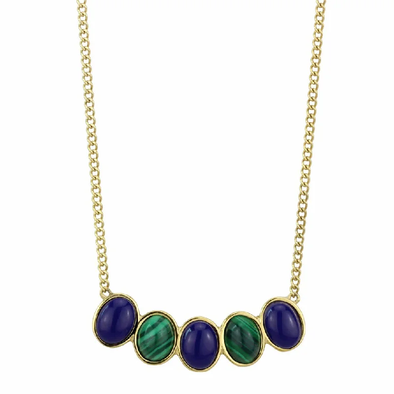 Custom Gemstone Necklace-5 Link Lapis Stones Stainless Steel IP Gold Womens Pendant Necklace