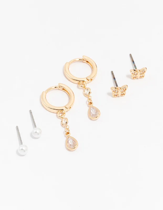 Cute Ear Jackets-Gold Cubic Zirconia Pearl & Butterfly Mixed Earring 3-Pack