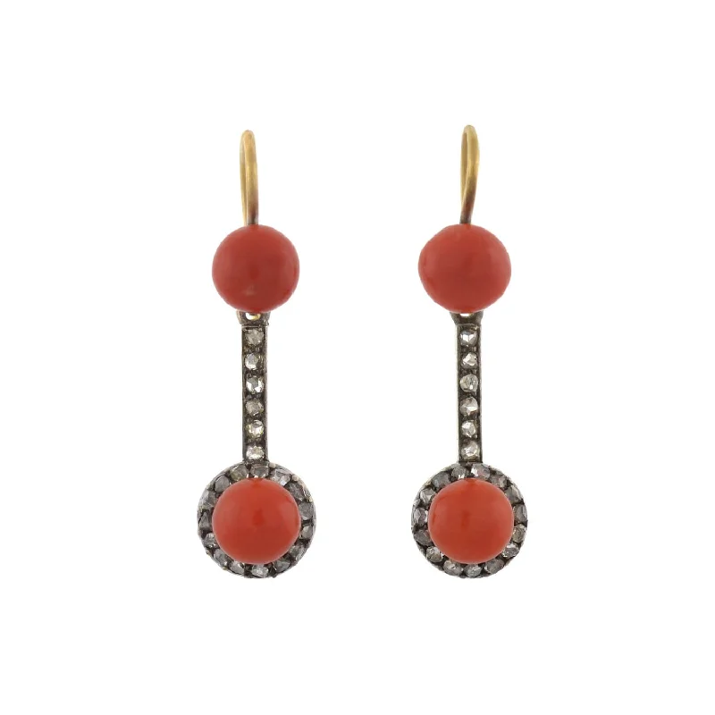 Luxury Pearl Earrings-Victorian 15kt/Sterling Natural Coral + Rose Cut Diamond Earrings