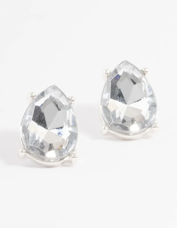 Elegant Hoops with Diamonds-Silver Pear Stud Earrings