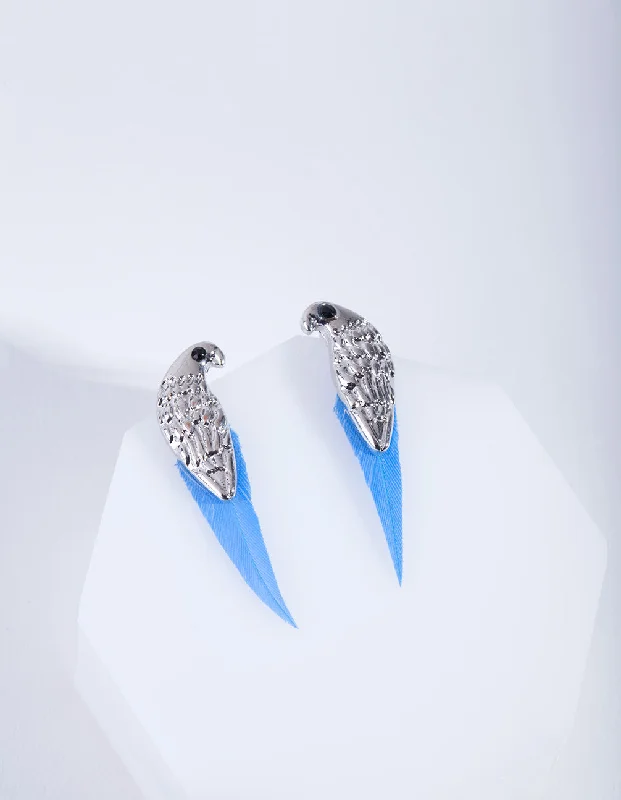 Large Dangle Earrings-Mini Bird Blue Feather Stud Earrings