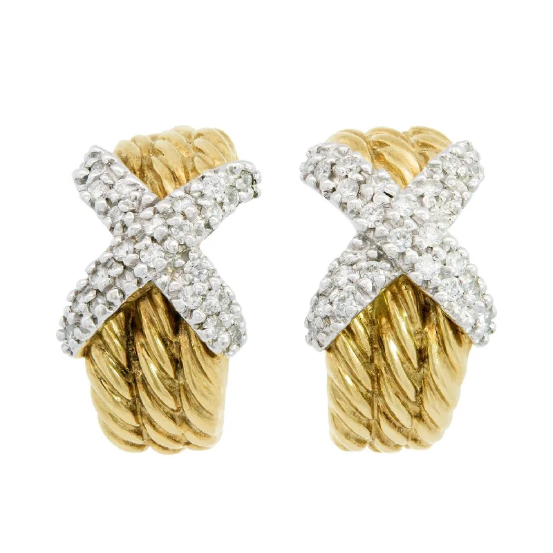 Birthday Gift Earrings-DAVID YURMAN Estate 14k Diamond "X" Hoop Earrings