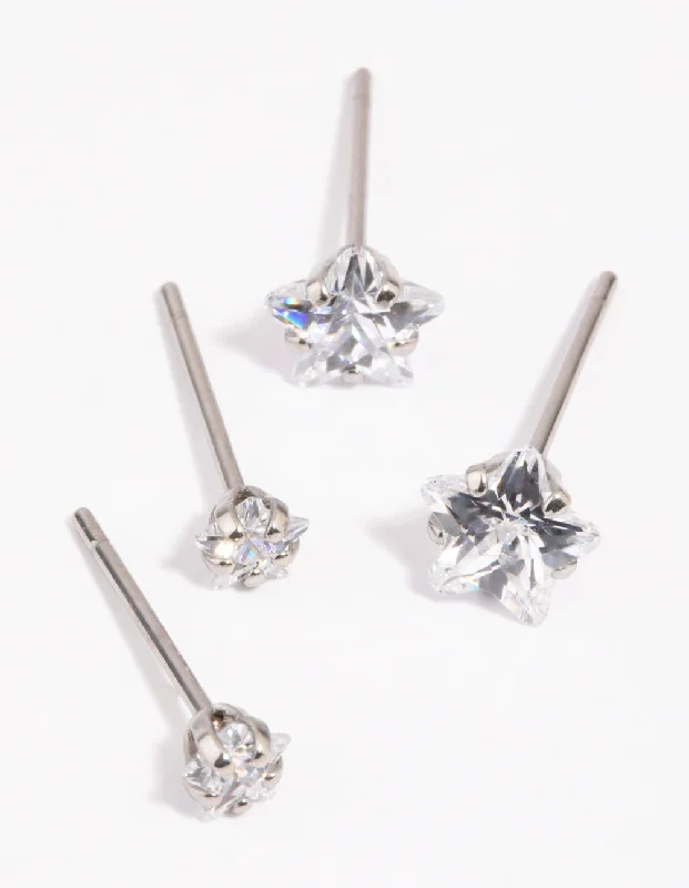 Crystal Stud Earrings-Surgical Steel Diamante Star Stud Earring Pack