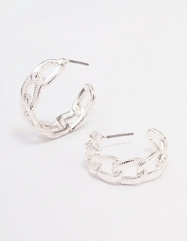 Trendy Statement Earrings-Silver Textured Link Hoop Earrings