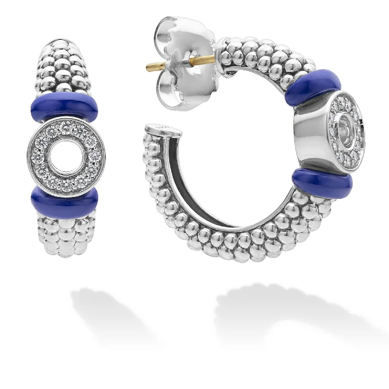 Party Earrings-Blue Caviar Ceramic and Diamond Circle Hoop Earrings