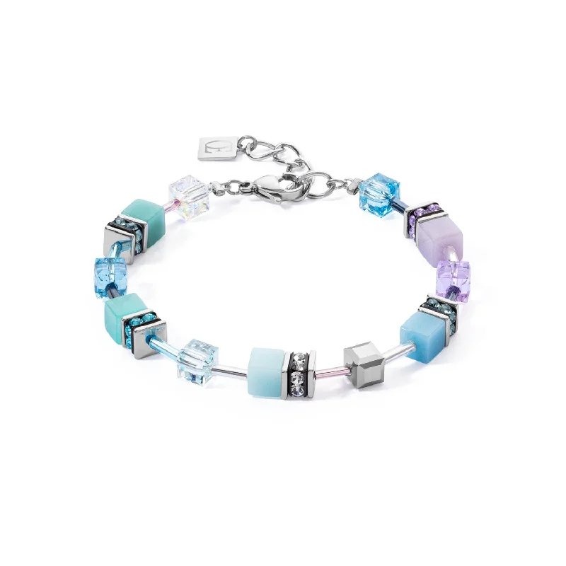 Stylish Leather Bangle-Coeur De Lion GeoCUBE® Iconic Aqua-Lilac Bracelet