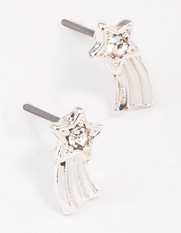 Birthday Gift Earrings-Silver Diamante Shining Star Stud Earrings