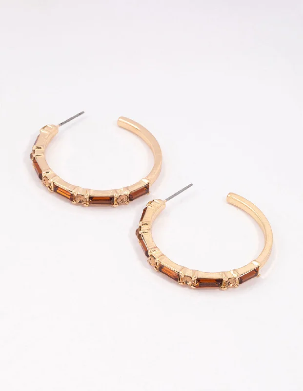 Long Dangle Hoop Earrings-Gold Baguette Medium Hoop Earrings