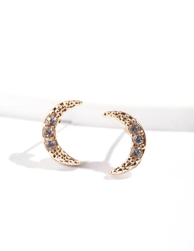 Silver Stud Earrings-Gold Pave Diamante Crescent Moon Stud Earrings