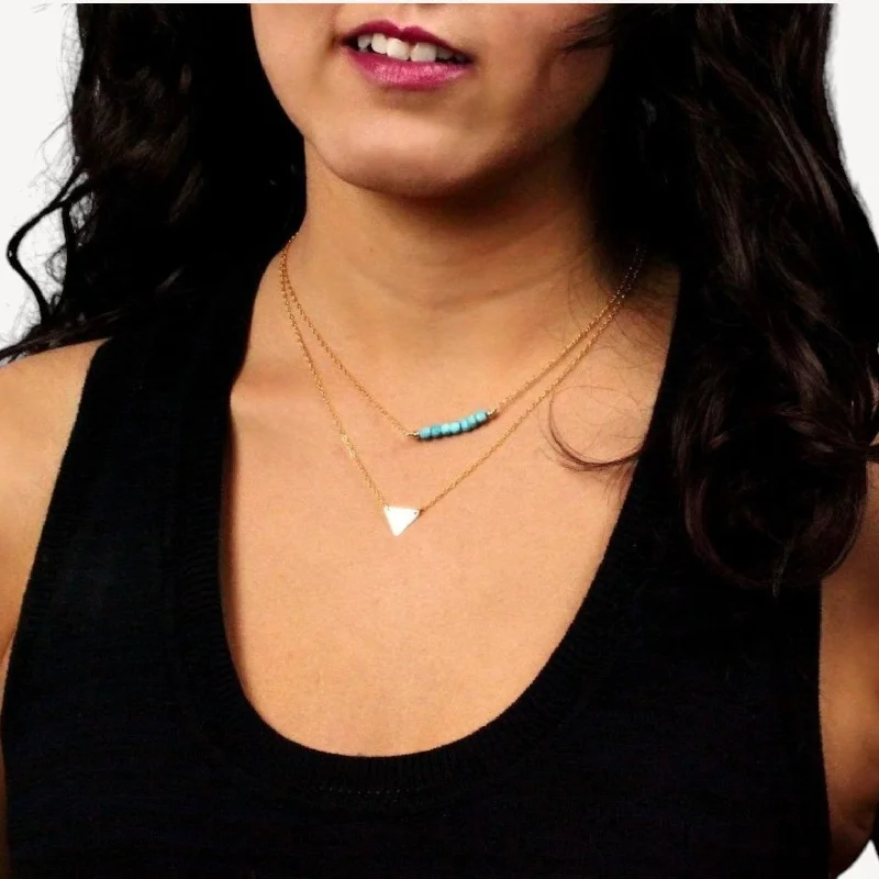 Cute Gemstone Necklace-Initial Triangle Layering With Gemstone Bar Necklace