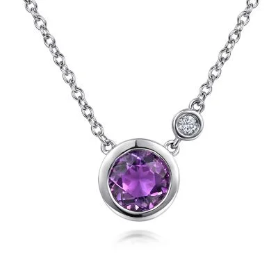 Geometric Pendant Necklace-Sterling Silver Amethyst and Diamond Pendant Necklace