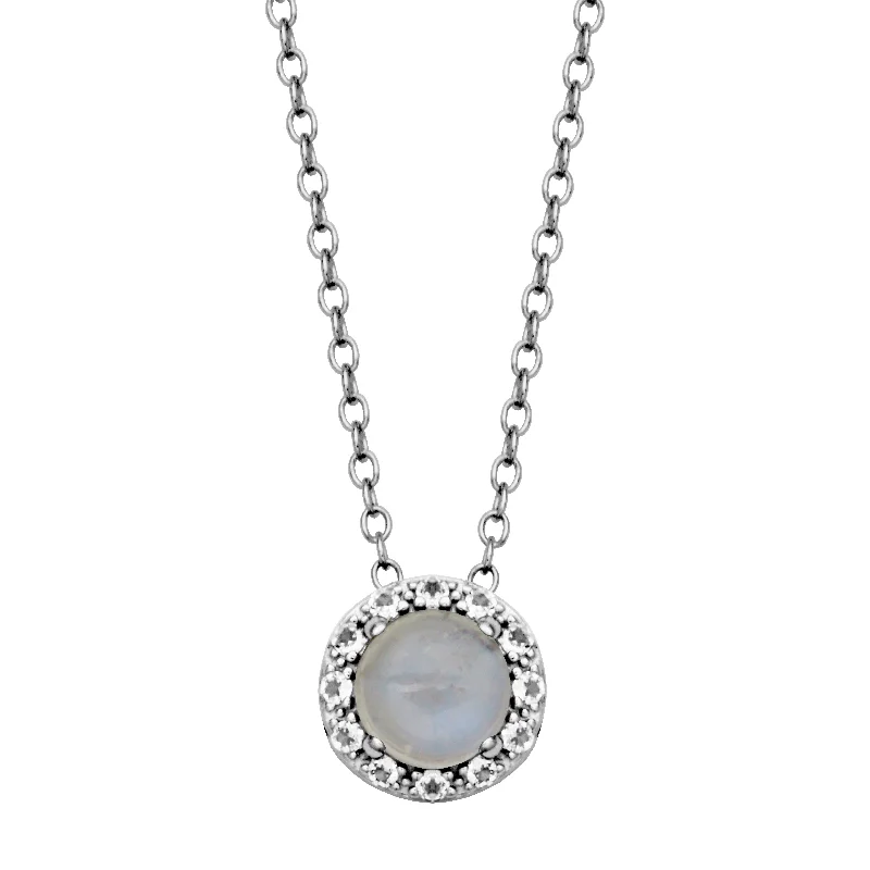 Vintage Style Necklace-Sterling Silver Blue Rainbow Moonstone and White Topaz Necklace