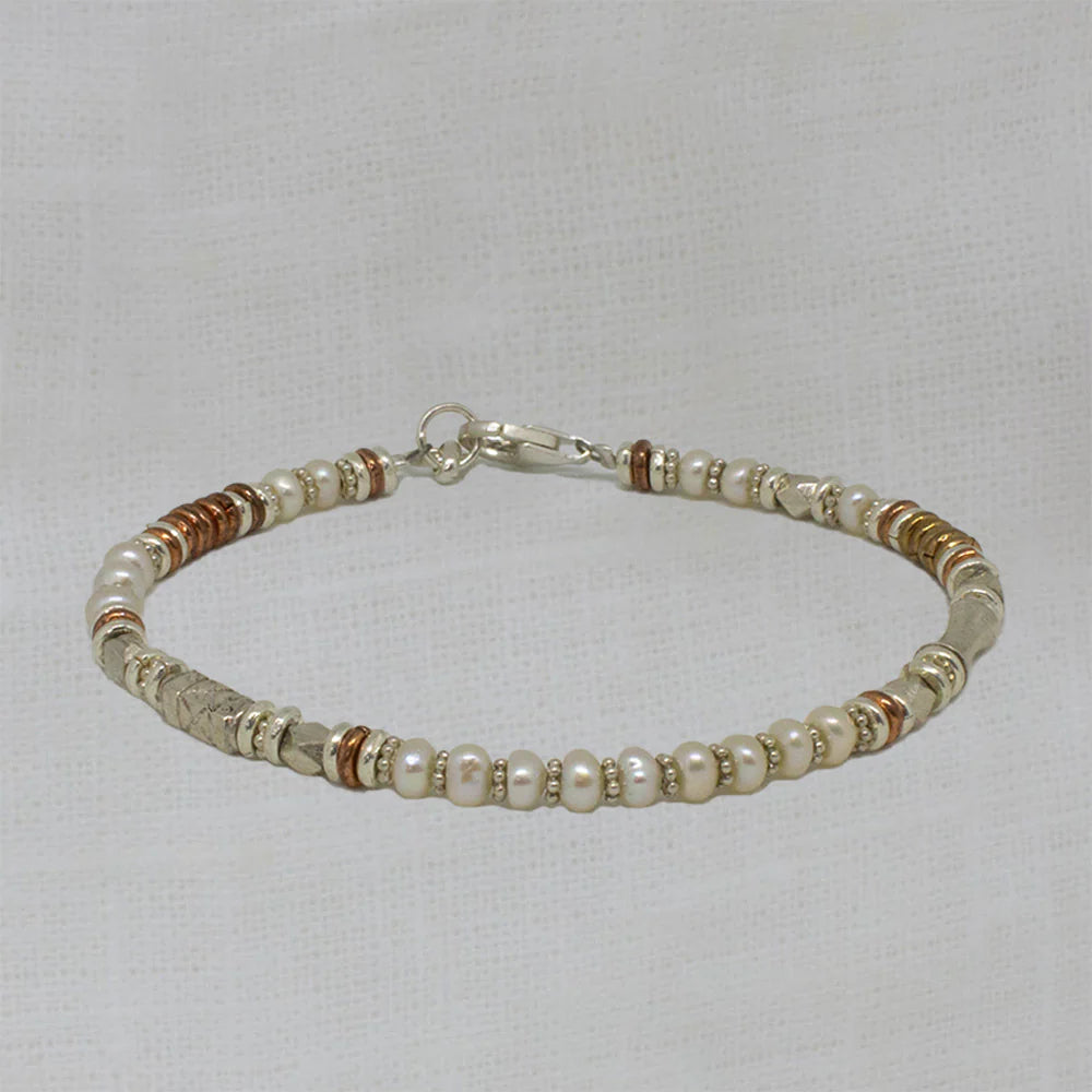 Multi-Layer Silver Bracelet-Silver Freshwater Pearl and Mixed Metals Bracelet