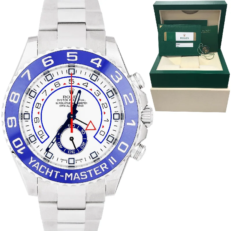 Vintage Leather Strap Watch-2016 Rolex Yacht-Master II 44mm Stainless White Blue Ceramic 116680 Watch B+P