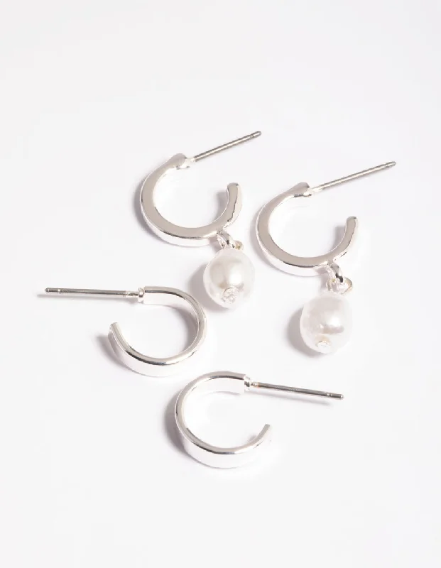 Fashionable Dangle Earrings-Silver Simple Pearl Huggie Earrings Pack