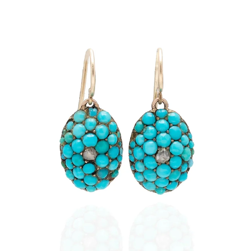 Multi-Colored Drop Earrings-Victorian 14kt Persian Turquoise + Rose Cut Diamond Earrings