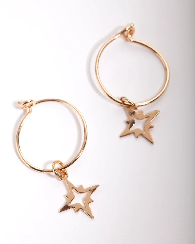 Custom Engraved Earrings-Gold 13mm Star Hoop Earrings