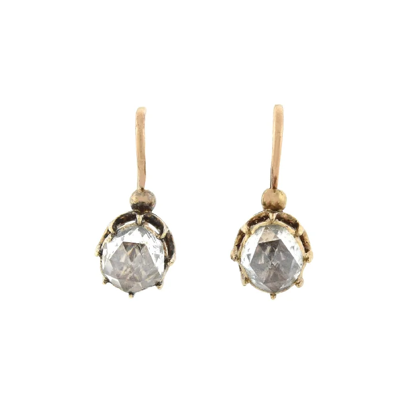 Handmade Dangle Earrings-Victorian 14kt + Rose Cut Diamond Drop Earrings 1.20ctw