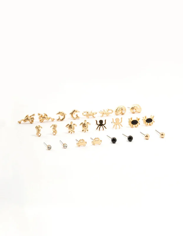 Metal Statement Earrings-Gold Mixed Creatures Earrings 12-Pack