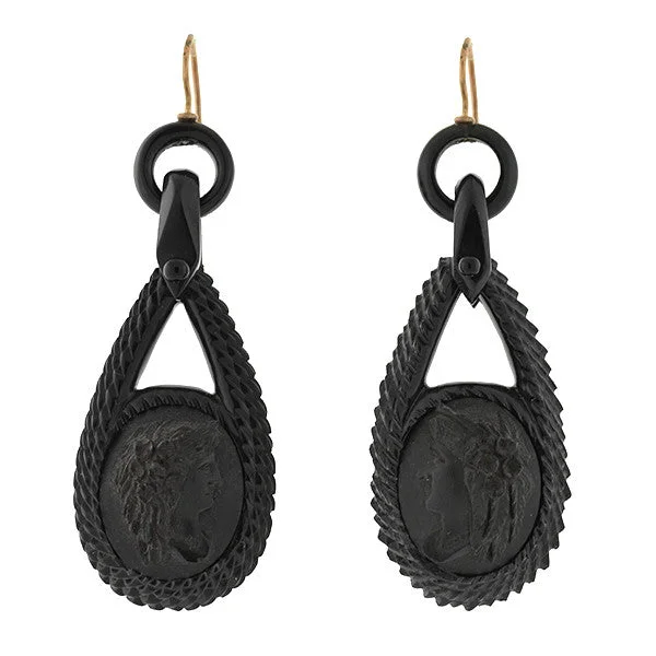 Party Drop Earrings-Victorian Large 14kt & Carved Jet Cameo Earrings