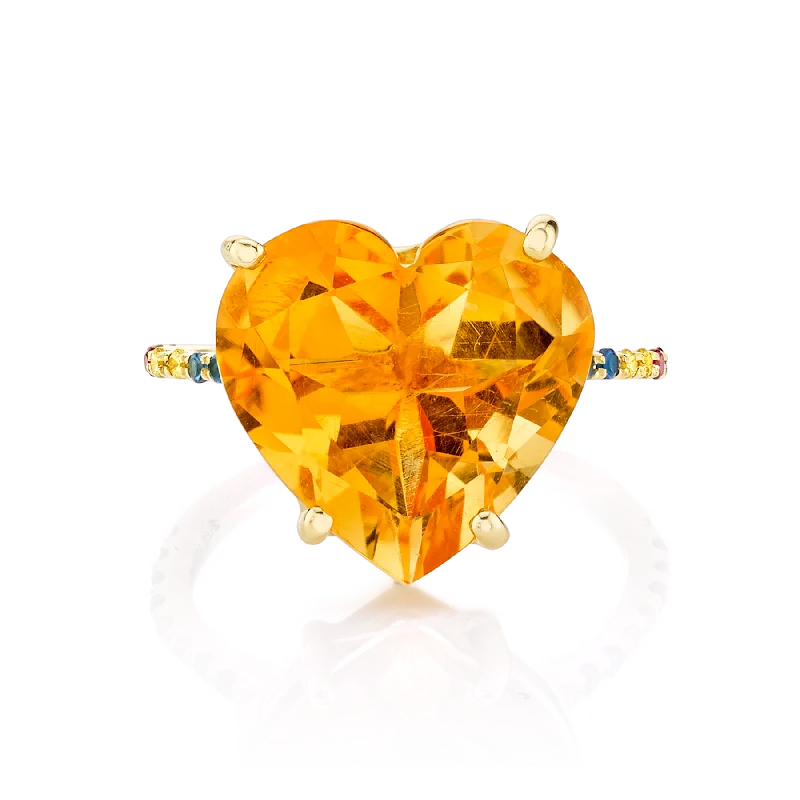 Heart Solitaire Ring - Citrine and Rainbow / 14k Yellow Gold