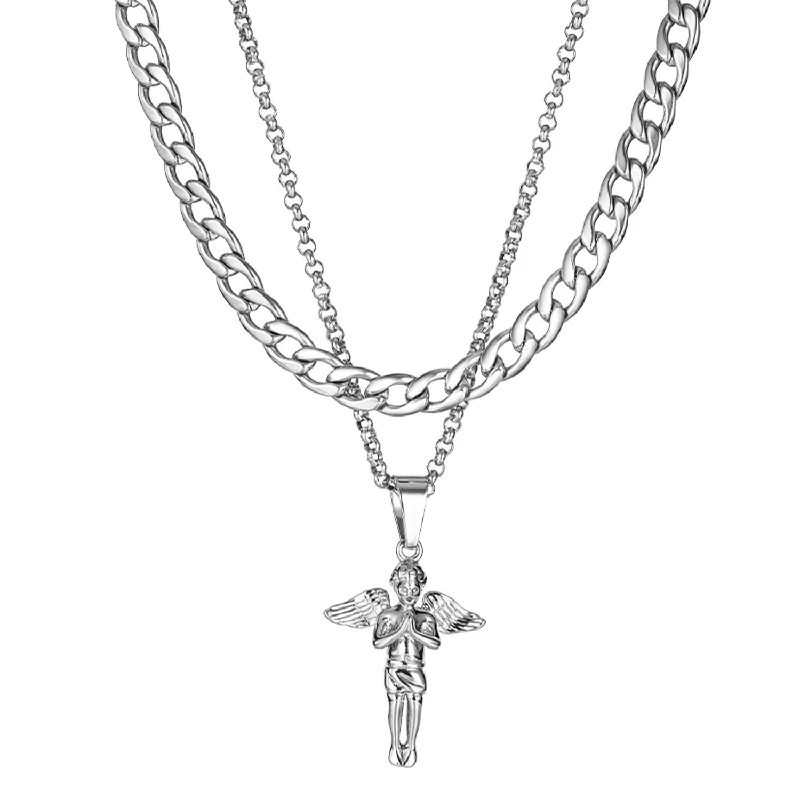 Fashionable Silver Choker-Angel Double Chain Necklace | Titanium Steel