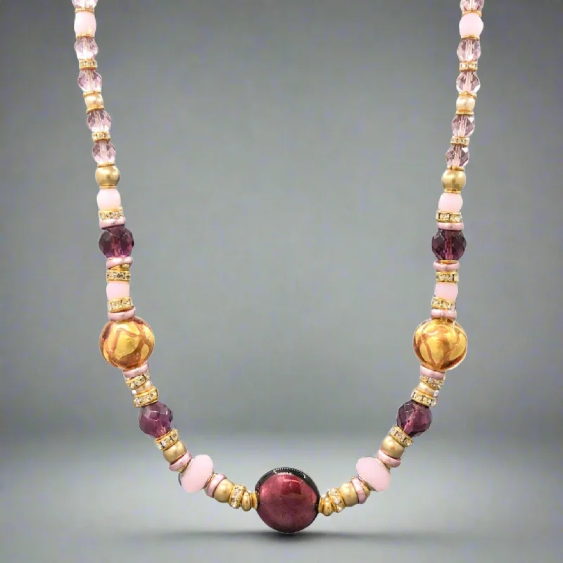 Simple Silver Pendant-YGP Stainless Burgundy, Golden tone & Pink Murano Glass Beaded Necklace