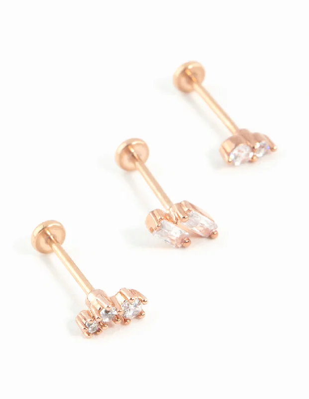 Geometric Stud Earrings-Rose Gold Plated Surgical Steel Pink Cubic Zirconia Flat Backs 3-Pack