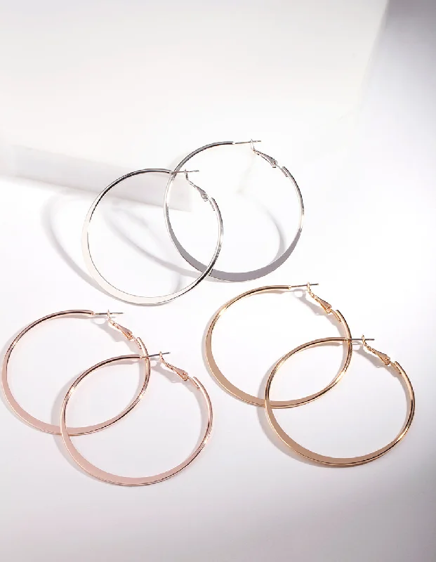 Silver Ear Cuffs-Mixed Metal Square Edged Hoop Earring Pack